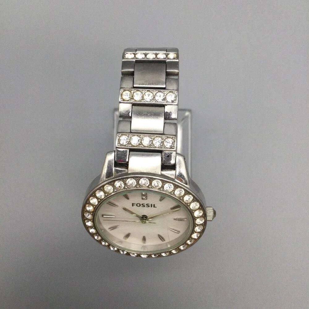 Fossil Womens Watch 34mm Silver Tone Crystals ES-3362 Steel New Battery 7
